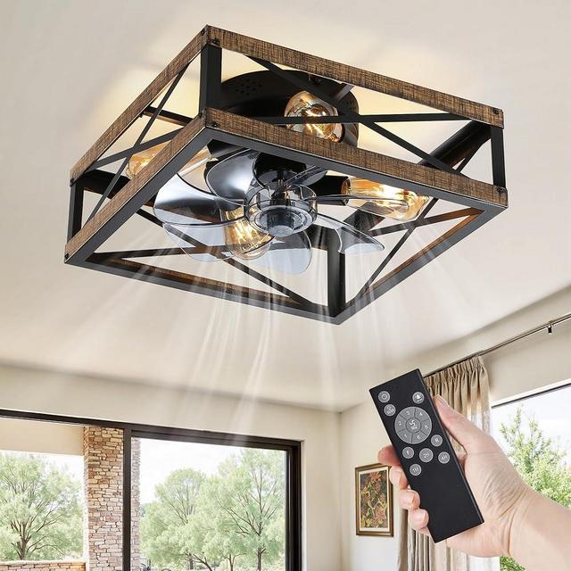 LEDIARY Caged Flush Mount Ceiling Fans with Lights and Remote, Rustic Square Low Profile Ceiling Fan, 6 Speed and Reversible, Small Farmhouse Bladeless Ceiling Fan for Bedroom, Kitchen, Dining Room
