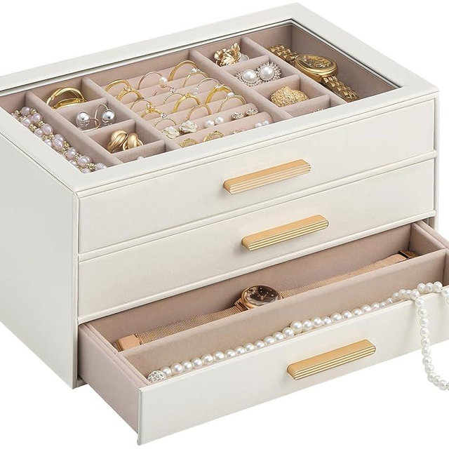 Lolalet Jewelry Box Organizer, 3-Layer Jewelry Organizers and Storage Case with Glass Lid, Ring Earring Bracelet Necklace Holder Organizer, Birthday Christmas Gifts for Women Girls -3Layer, Beige