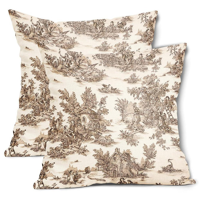 Brown Toile Pillow Covers 20x20 Inch Set of 2 Tan and Beige French Country Cotton Linen Decorative Throw Pillow Case English Cottage Vintage Cushion Cover for Bedroom Sofa Living Room Chair Home Decor