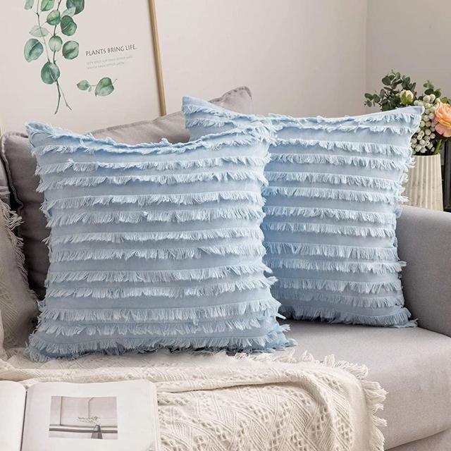 MIULEE Set of 2 Decorative Boho Throw Pillow Covers Cotton Linen Striped Jacquard Pattern Cushion Covers for Sofa Couch Living Room Bedroom 18x18 Inch Light Blue