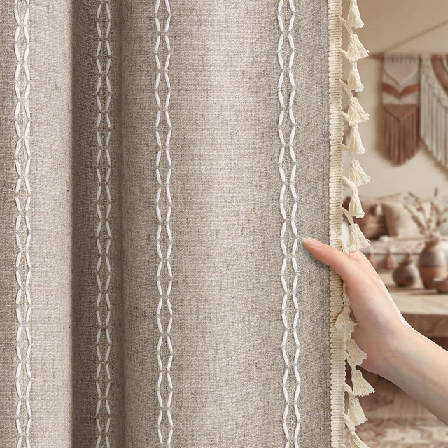 XOGUIBO Brown Boho Blackout Curtains 2 Panels 84 Inch for Living Room Bedroom, Warm Taupe Linen Texture Farmhouse Curtains with Tassels and White Cotton Embroidery Vintage Rustic Country Western