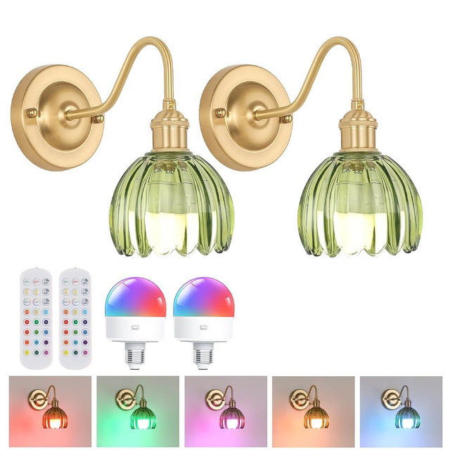 Shenmoyl Vintage Battery Operated Wall Sconce Set of 2, 5000mAh Rechargeable Wall Light, Indoor Battery Powered Wall Lamp for Bedside Bedroom Living Room, Tulip Green
