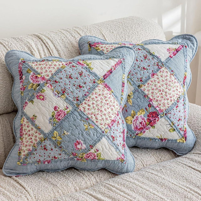 vctops Set of 2 Quilted 100% Cotton Boho Throw Pillow Covers 18" x 18" Farmhouse Country Floral Patchwork Decorative Cushion Cover, Patchwork Flower P