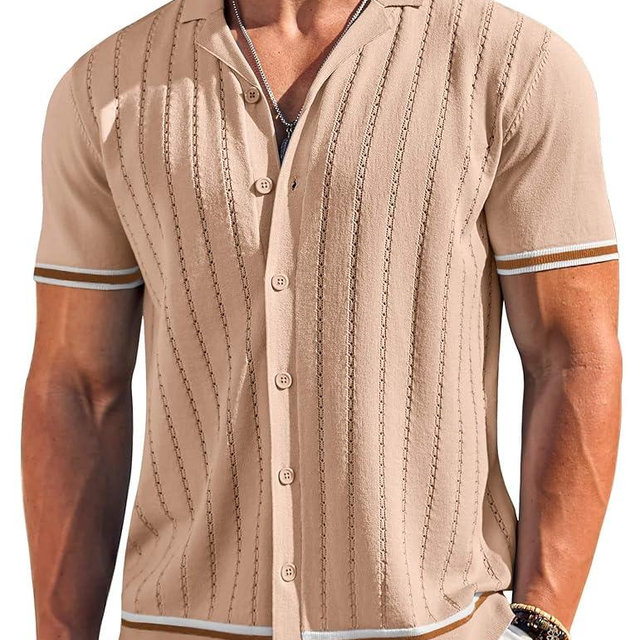 COOFANDY Men's Short Sleeve Knit Shirt Casual Button Down Shirt Vintage Striped Knitted Golf Beach Tops
