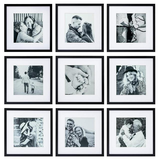 ArtbyHannah Gallery Wall Frame Set 12x12 Square Picture Frame 9 Pack，Black Picture Frames Used as 12x12 Picture Frame Without Mat or 8x8 Picture Frames with Mat for Gallery Wall Mounting