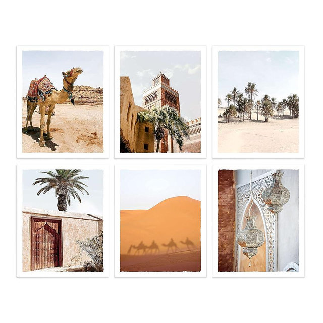 Moroccan Wall Art Prints Desert Boho Pictures Set of 6 Camel Plant Architecture Artwork for Living Room Wall Decor Unframed 8x10 Inches