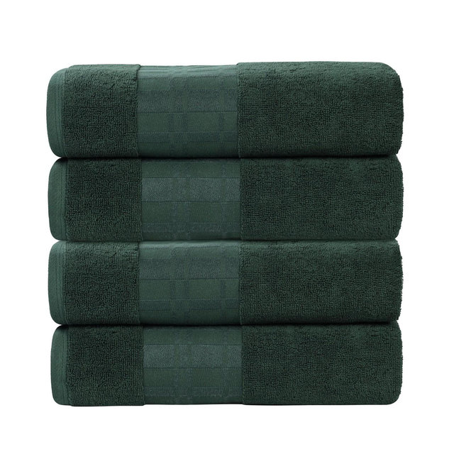 100% Cotton Medium Weight Geometric Border Bath Towel Set of 4, Forest Green - Blue Nile Mills