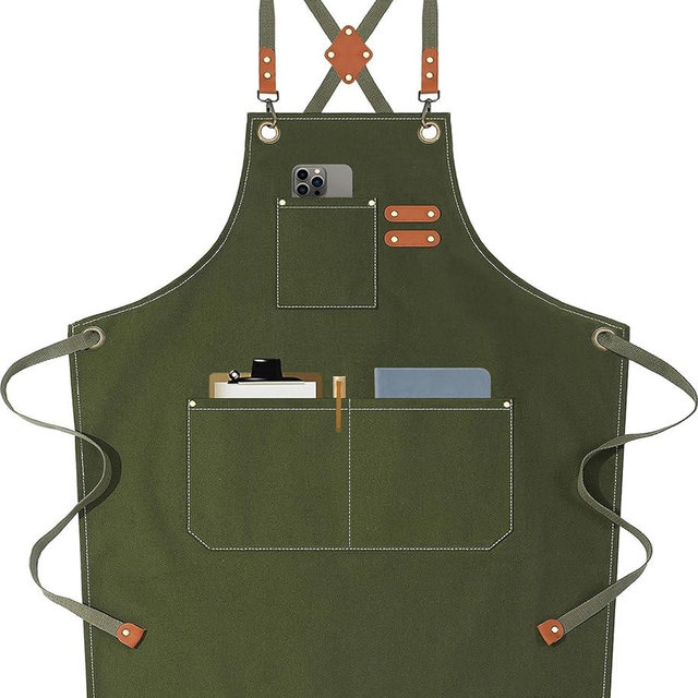AFUN Chef Aprons for Men Women with Large Pockets, Cotton Canvas Cross Back Heavy Duty Adjustable Work Apron, Size M to XXL (Armygreen)