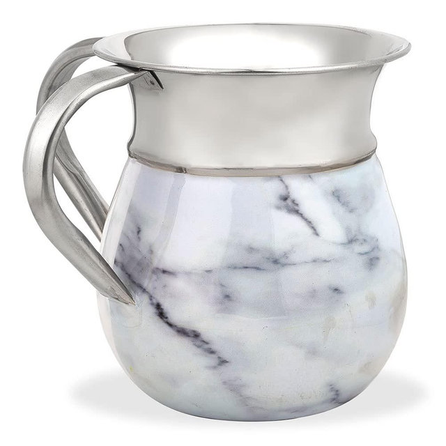 Elegant Hand Washing Cup 5.5" Aluminum with Marble Decal Decorated For Netilat Yadayim, Passover By Zion Judaica (Carrara White)