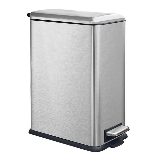 JM ·YIPENG 8 Gallon Stainless Steel Trash Can, Slim Kitchen Trash Can with Soft-Close Lid & Removable Inner Bucket, Odor-Controlled Garbage Bin for Bathroom, Bedroom, Office, Silver