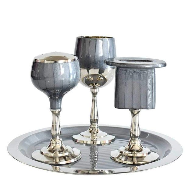 Havdalah Set Metal Covered with Enamel - Slate Blue/Grey - includes Matching Kiddush Cup Goblet and Tray, Havdualah Candle Holder, Besamim Spice Box - End of Shabbat Gift Set by Zion Judaica