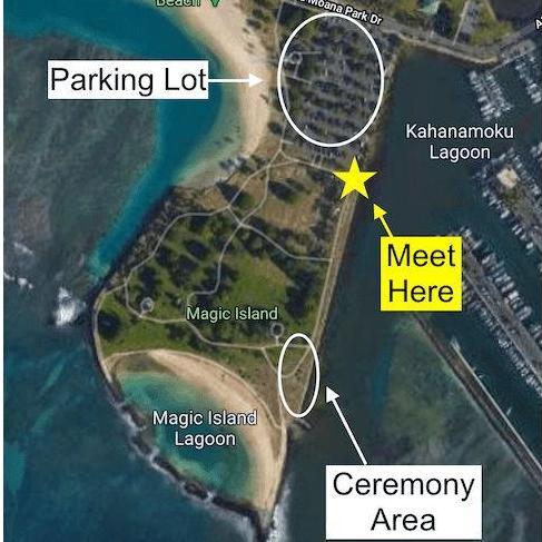 Park anywhere in the large lot next to the boat harbor.  Meet the escorts on the left side (closest to the boat harbor), in the corner where the pathway begins.