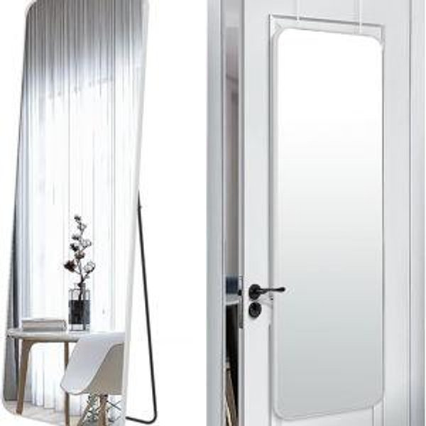 57x20 Door Hanging Full Length Mirror, Floor Stand (Height 5.7ft just Body in1.3ft) Wall Mounted Metal Frame Rectangle Dressing Mirrors for Bedroom Room 57 inch Silver