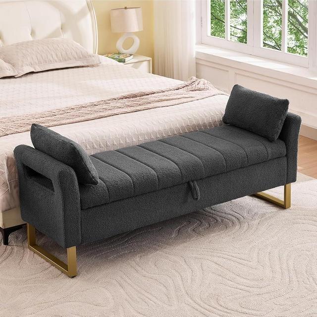 AEMEIOS Storage Bench for Bedroom End of Bed King Size, 66'' Bedroom Benches for Foot of Bed King, Grey Teddy End of Storage Bench with Gold Legs & 2 Pillows for Entryway, Windows, Closet