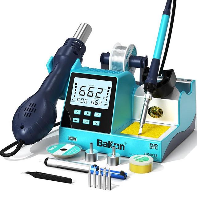 BK602S Soldering Station & Desoldering Kit 2-In-1 Set, Hot Air Rework Station Diy Soldering Station, Soldering Practice Kit, Auto Sleep, ºC/ºF Conversion, Big Screen Display (BK602S)