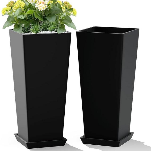 TUYOHW Set of 2 Large Tall Planter for Indoor or Outdoor 24" Tall Flower Pots Tapered Tall Planters with Tray for Porch, Patio, Backyard, Large Planters for Outdoor Indoor Plants(Black)