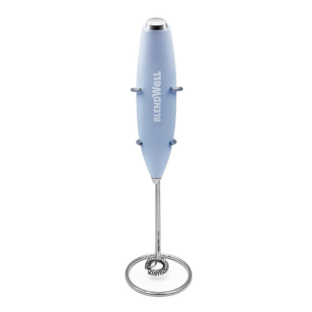 BlendWell Electric Milk Frother for Matcha and Coffee, Handheld Battery Operated Drink Mixer with Stand, Stainless Steel Whisk, Light Blue