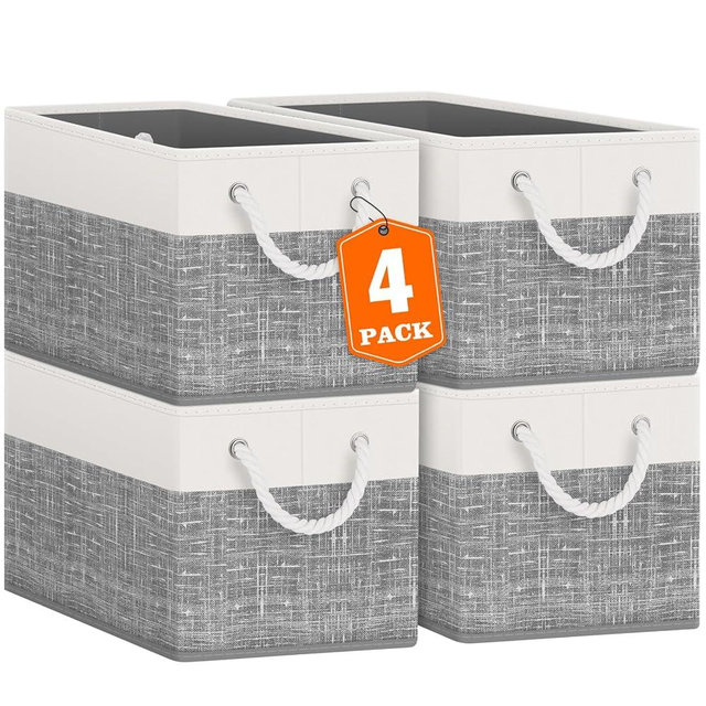 Fab totes Storage Bins 4-Pack, Foldable Storage Baskets for Organizing Toys, Books, Shelves, Closet, Large Storage Box with Rope Handles, Sturdy Organizer Bins, White & Grey