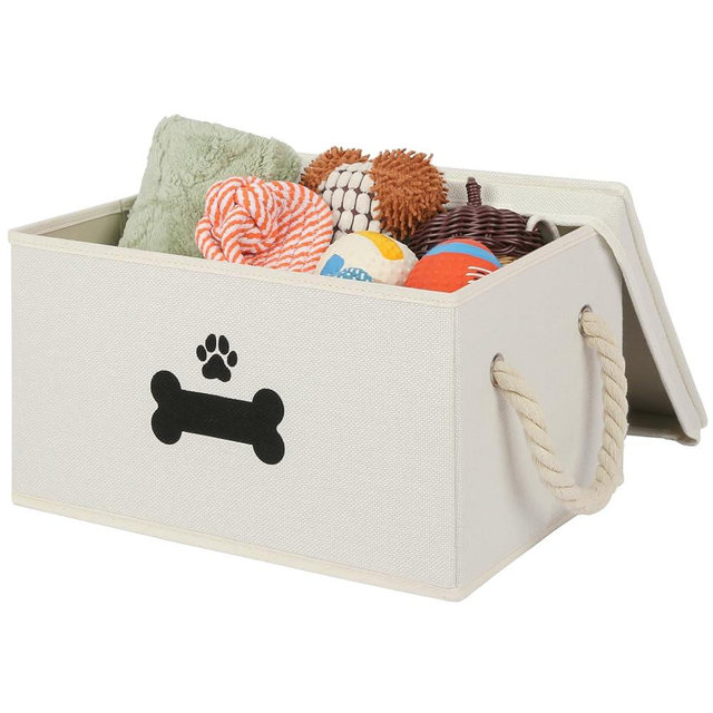 GreenPetopia Dog Toy Basket with Lid, Dog Basket for Toys, Dog Toy Box with Cotton Rope Handles, Collapsible Storage Bins for Dog Toys, Dog Storage Organizer, Beige