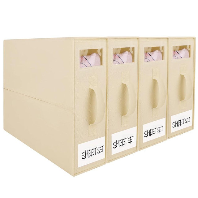 HSFTEC Foldable Bedding Organizer, Fabric Storage Bins for Bed Sheets, Duvet Covers and Pillowcases, Closet Organizer, Storage Container Boxes for Blankets, Clothes (4 pack(Queen or King), Beige)