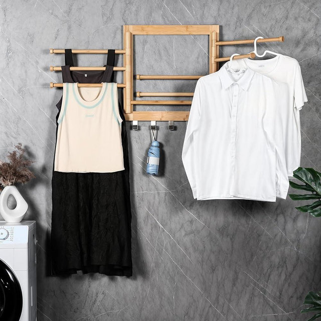 Rolano Wall Mounted Drying Rack - Clothes Drying Rack Wall Mounted for Laundry - 20 INCH - with 5 Hooks and 8 arms - 80 lbs Capacity - Natural Bamboo
