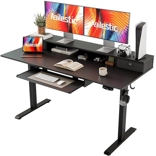 Agilestic Electric Standing Desk with 2 Drawers and Keyboard Tray, 55 x 24 Inches Ergonomic Adjustable Height Desk with Storage, Sit Stand up Desk Computer Workstation, Black