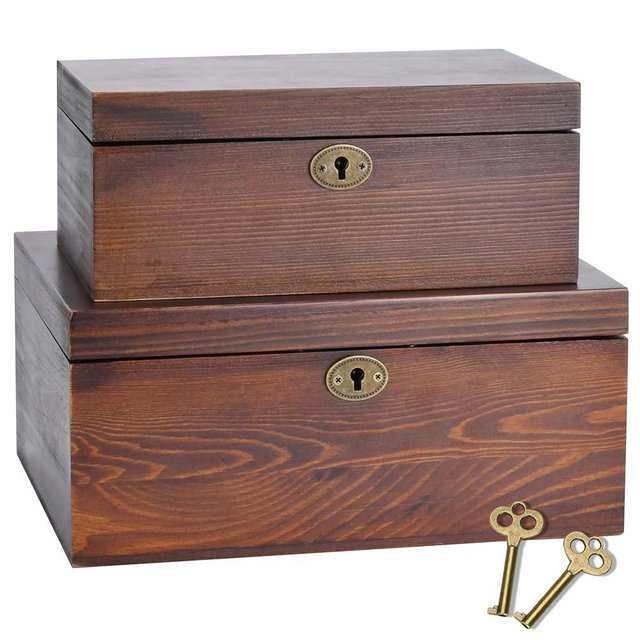 Saijax Wooden Box with Hinged Lid - 2 Pack - Vintage Decorative & Lockable Chest - for Keepsakes, Valuables, Accessories, Treasured Items - Walnut-Like Wood Finish, Aged Brass Hinges & Antique Lock