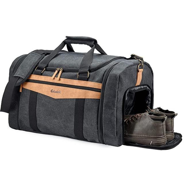 Celvetch Canvas Duffle Bag for Travel - 45L Duffle Bag for Men Travel Duffel Bag Weekender Overnight Bag with Shoe Compartment Mens Travel Bag - Dark Grey