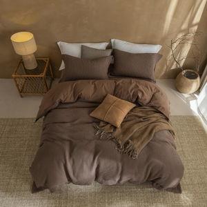 Brown Waffle Bedding Duvet Cover Set Queen Size 90 x 90 Inches，100% Washed Cotton Bedding Set with Premium Drape Includes Duvet Cover and 2 Pillowcases, Oeko TEX Certified
