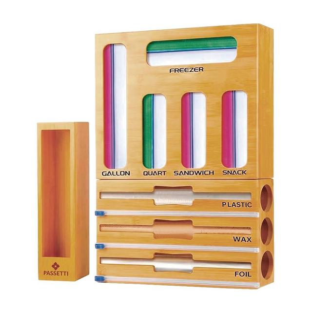 PASSETTI Drawer Organizer For Ziplock Bags And Foil – 9 in 1 Ziplock Bag Storage Organizer Plastic Wrap Dispenser – Wall Mountable Bamboo Drawer Organizer Bag Holder 12" Rolls