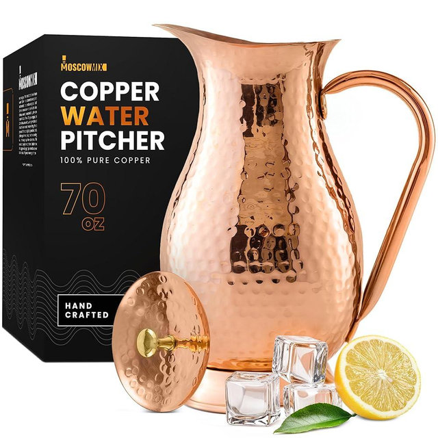 Pure 100% Copper Water Pitcher with Lid - 70 oz Large Copper Jug for Drinking Water - Heavy Duty Handcrafted - Bedside Carafe Vessel Ayurveda Hammered Health Benefits