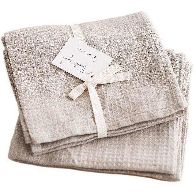Pure 100% Linen Hand Towels - Set of 2 - Kitchen Towels Stone-Washed 14 x 30 inch Soft Lightweight Dish Cloths Waffle Weave Quick Dry Natural European Flax