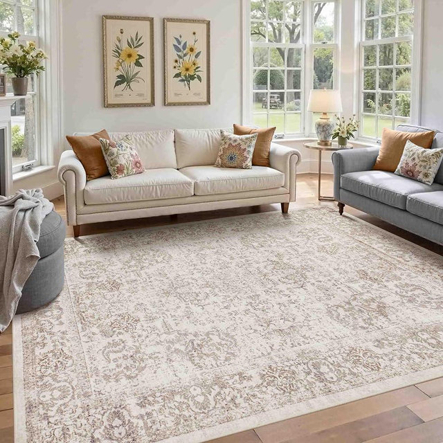 Rugxara 5X7 Washable Area Rug for Living Room, Vintage Neutral Large Boho Rugs for Office, Dining Room, Kids Room, Farmhouse, Durable Low Pile Non Slip Carpet for High Traffic Areas, Light Bown