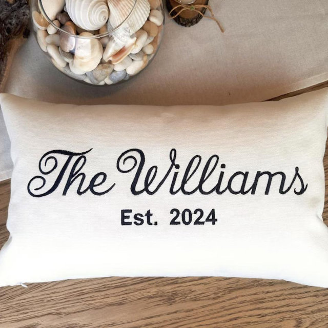 Embroidered Family Name Pillow Cover - Custom Last Name Throw Pillow - Couple Pillow Case with Established Date — Engagement Gift