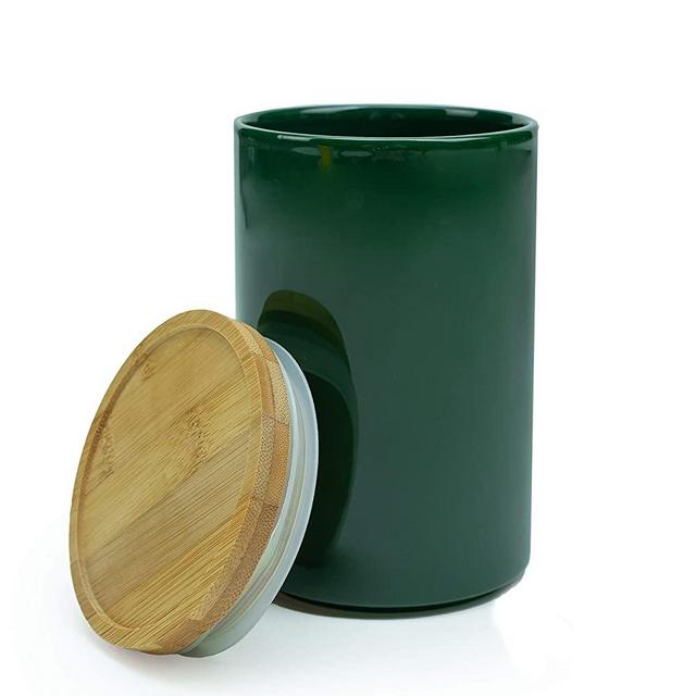 Urban Bambu Modern Ceramic Canister Bamboo Lid Storage Containers - Dishwasher-Safe Bathroom & Kitchen Jars for Storage - Airtight Ceramic Coffee Canister for Tea, Sugar & Food - Green, 28 oz
