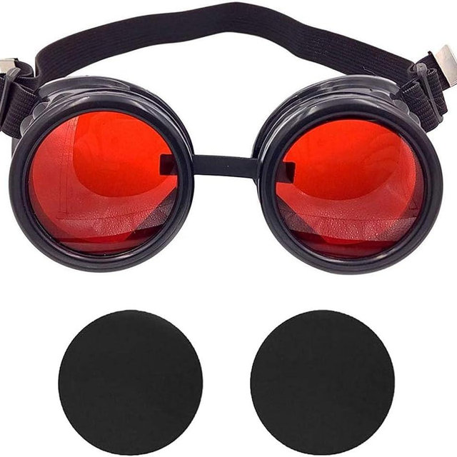 TamBee New Colored Diamond Lens Vintage Steampunk Goggles Glasses Welding Black With Red Rechangeable Lens Halloween Face Mask