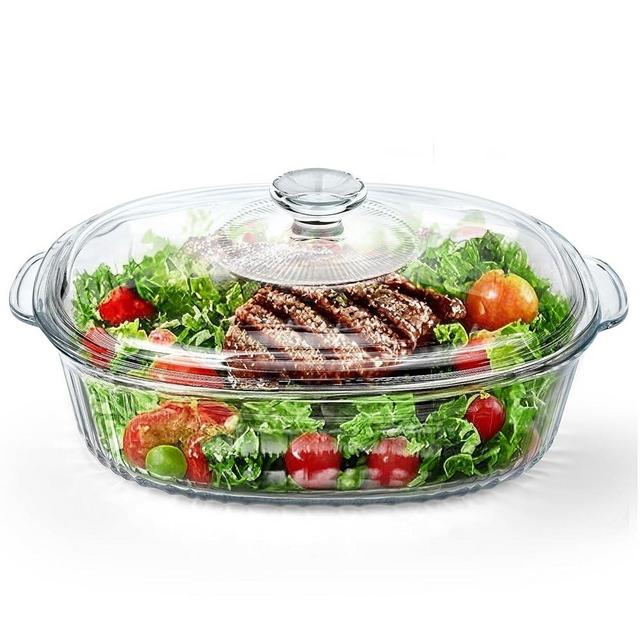 Reasim 2.8L/3Qt Glass Casserole Baking Dish with Lid, Large Oval Glass Casserole Dish with Glass Lid,Large Glass Food Container with Lid Glass Mixing Bowl,Oven,Freezer&Microwave Safe,Clear Container