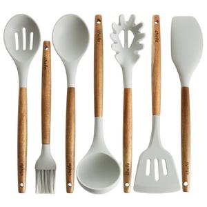 Silicone Cooking Utensils | Wooden Handle, Non-Stick Cookware Heat Resistant Kitchen Utensil Spatula, Slotted & Solid Spoon, Soup Ladle, Slotted Turner and Spaghetti Server,| Acacia Wood