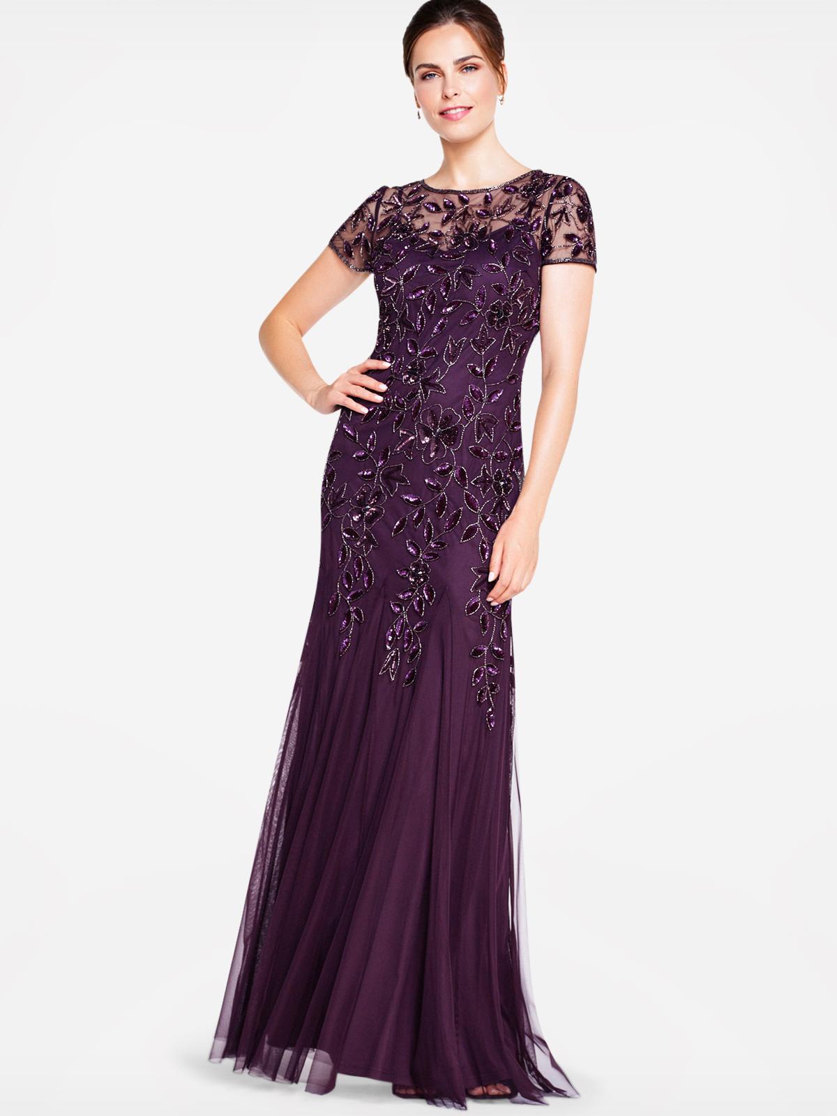 floral beaded godet gown with sheer short sleeves