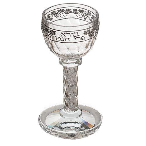 Modern Crystal Kiddush Cup and Plate with Stones, Grapevine