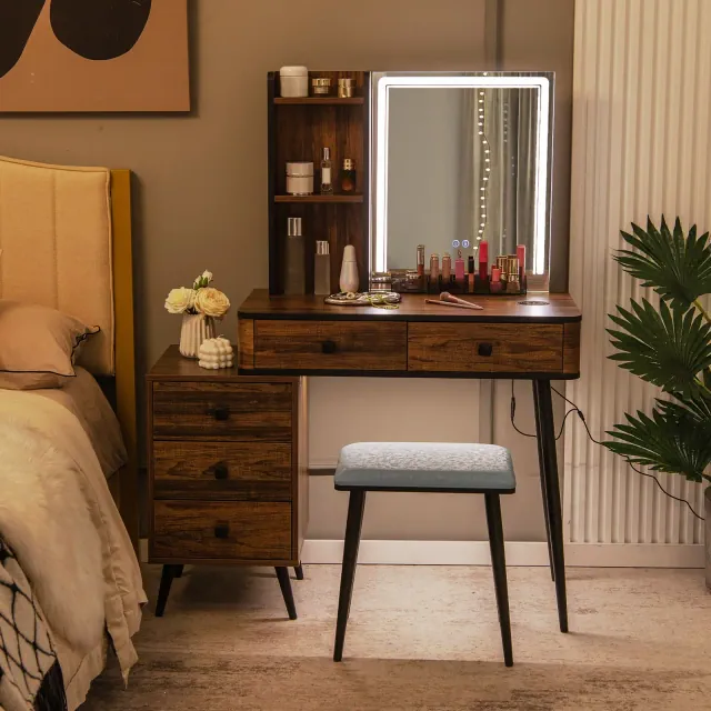 Costway Vanity Set with Dimmable Lighted Mirror 3 Lighting Modes Brown