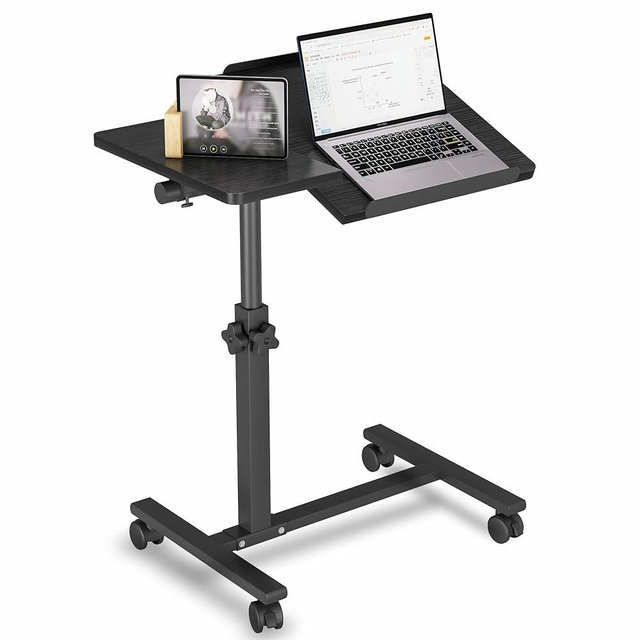 JXINONT Over The Bed Table with Wheels Rolling Cart Tilting Sofa Laptop Stands Hospital Tray Medical OverbedTables-Black
