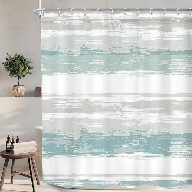 KOMLLEX Abstract Teal Shower Curtain for Bathroom Decor 72Wx72H Modern Grey Striped Aesthetic Minimalist Geometric Simple Neutral Watercolor Painting Fabric Waterproof Polyester 12 Pack Hooks