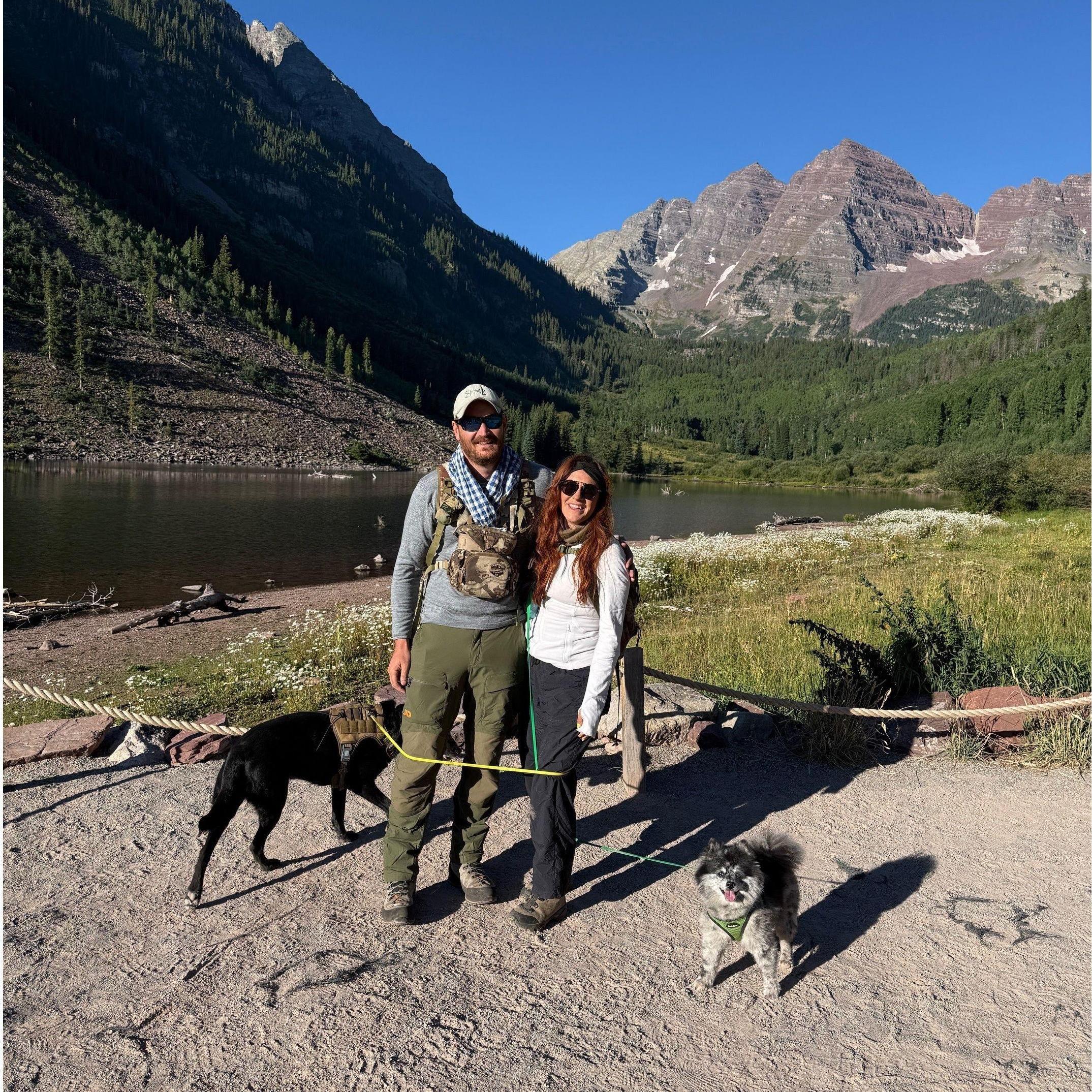 Hike around Maroon Bells, Aspen Co with the pups. We ended taking Merle for a MUCH longer hike than expected up to Crater Lake - had to take him to the Aspen vet after this for crusty dusty eye..