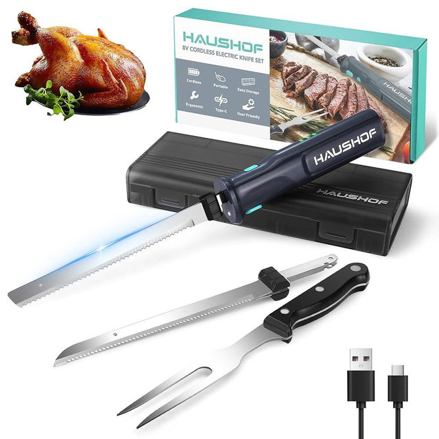 HAUSHOF Cordless Electric Knife Set for Meat Slicing, 8V Electric Carving Knife for Fish, Bread, Turkey, Rechargeable Meat Cutter with Reciprocating Stainless Steel Blades, Safety Lock & Storage Case