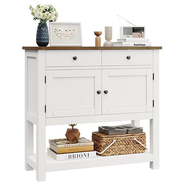 HOSTACK Farmhouse Console Table with 2-Door Cabinet & 2 Drawers, Coffee Bar, Entryway Table with Storage Shelf, Sofa Tables Buffet Sideboard for Kitchen, Hallway, Dining, Living Room, White