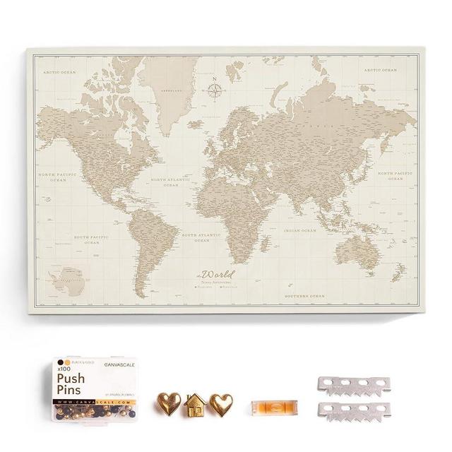 Canvas World Map with Cork Pin Board - English Lettering - Decorative Wall Decoration for All Rooms - Canvas Pictures with World Map Motif (70x50 cm, Pattern 9)
