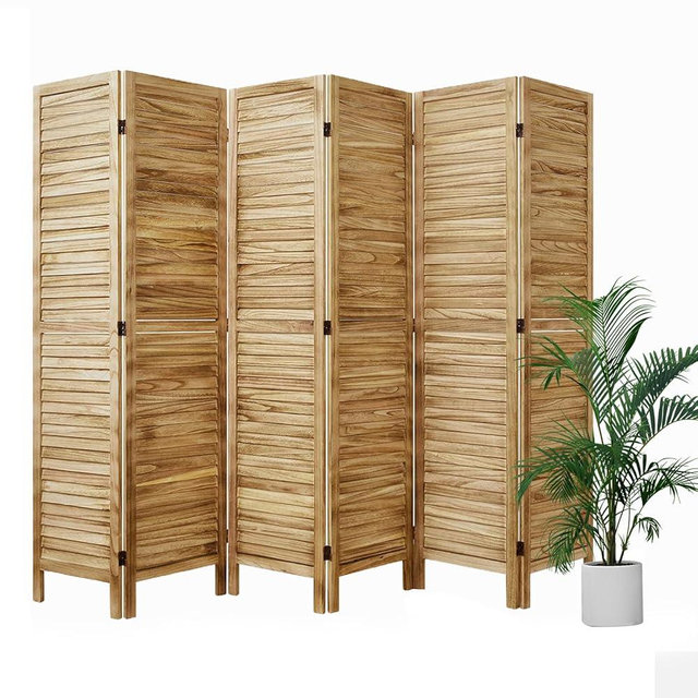 Room Partitions and Dividers Temporary Wall with Double Hinges, 5.6 Ft Tall Folding Louver Wood Screen for Home Office Bedroom Decoration (6 Panels, Natural Color)