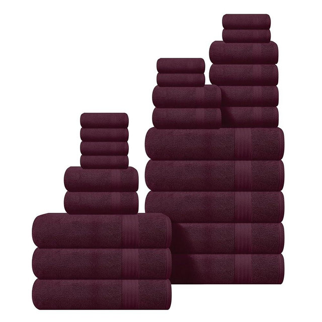 GLAMBURG Ultra Soft 24-Piece Towel Set - 100% Pure Ringspun Cotton, Contains 8 Oversized Bath Towels 27x54, 8 Hand Towels 16x28, 8 Wash Cloths 13x13 - Ideal for Everyday use, Hotel & Spa - Burgundy