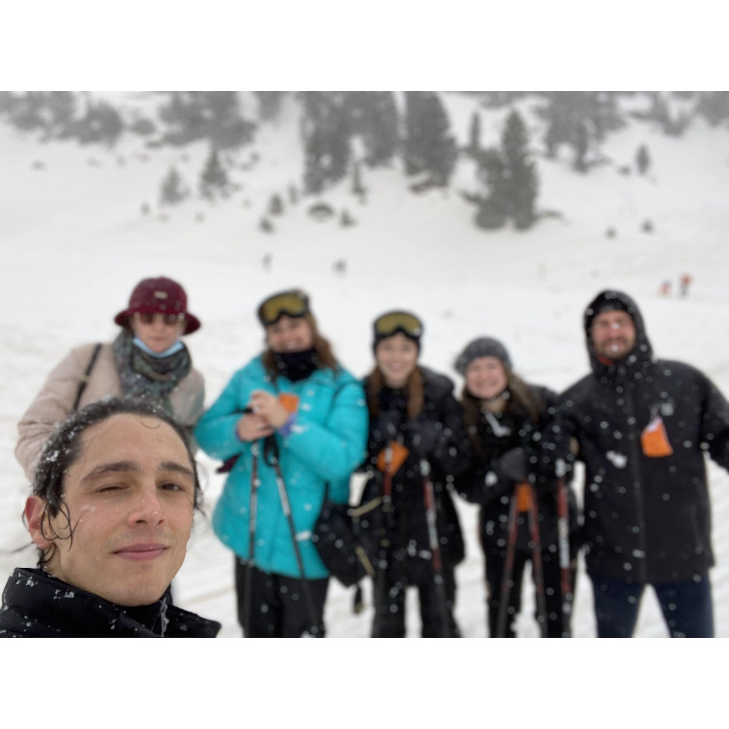 This is technically our first photo ever together. We took a group trip to the Pyrenees Mountains with Mary's three roommates, and Lo on the far right, who is our mutual friend that introduced us. Taken February 6, 2021